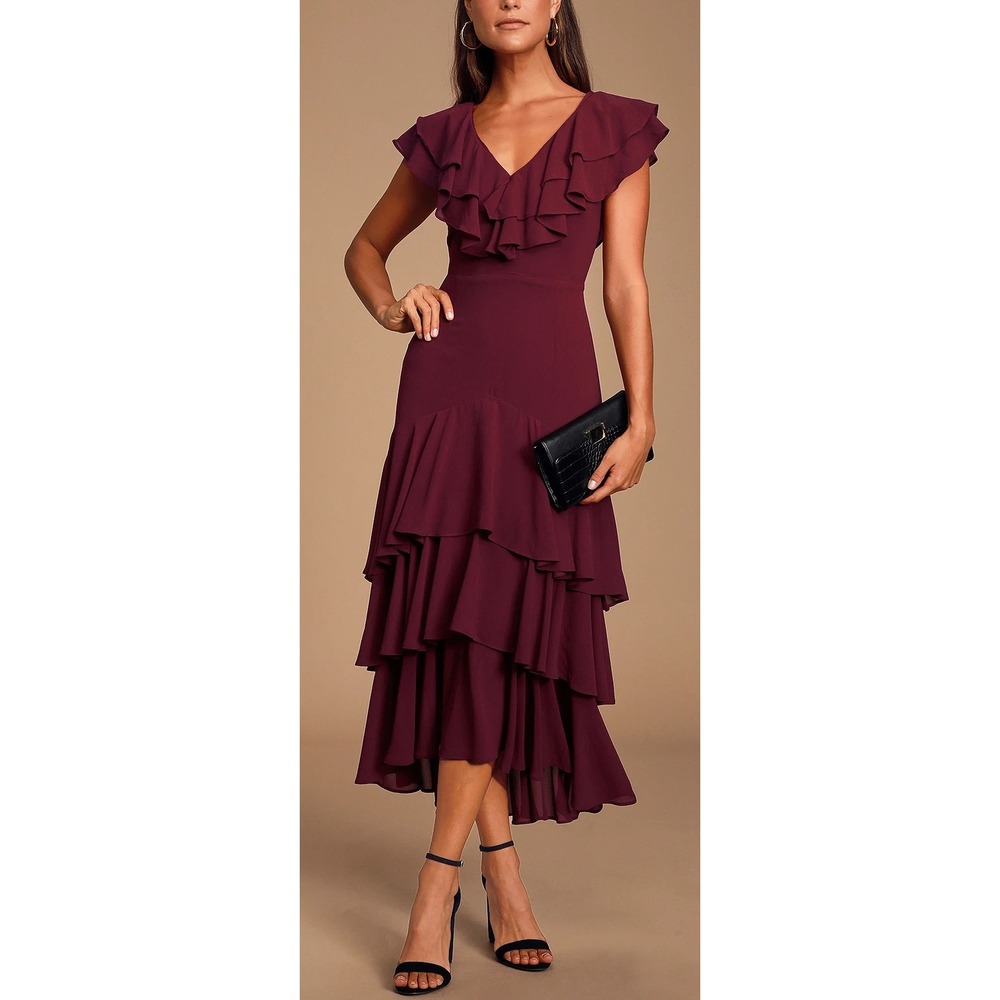 NWT Lulus Betsey Burgundy Ruffled Midi Dress Sz XL